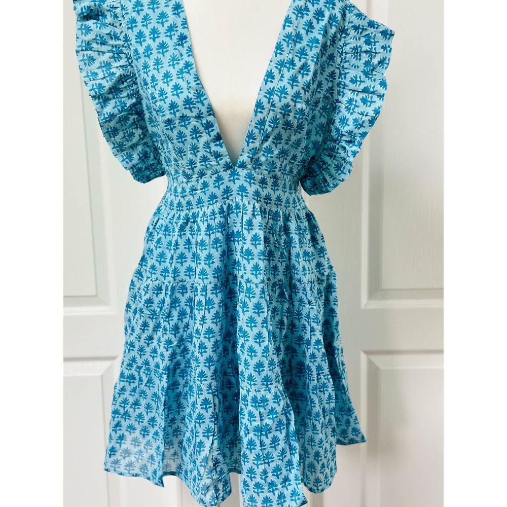 Blue Printed V-Neck Flutter Sleeve Mini Dress - Picture 4 of 11